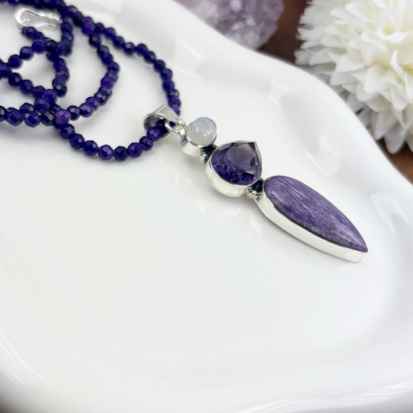 Amethyst Moonstone Charoite Pendant Necklace Southwest Boho Vintage New 925 - Picture 7 of 10
